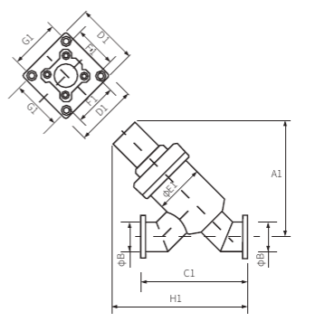 Клапан KF50 пневматический угловой - 45 гр. (нерж. сталь, фторкаучук упл.)    